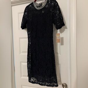 Navy Lace Dress with Striped Detailing